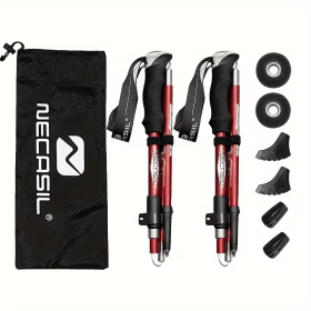 1PC 5-Section Collapsible Black Hiking Pole, Portable Outdoor Walking Stick with Storage Bag & Accessories Set