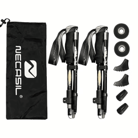 1PC Black 5-Section Foldable Trekking Pole, Compact Collapsible Hiking Stick with Replacement Tips & Basket